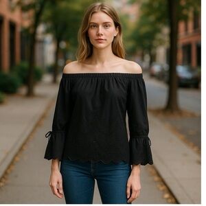 Trovata Birds of Paradis Black Off-Shoulder Eyelet Top
